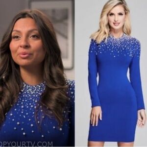 Marciano blue sweater dress with pearls